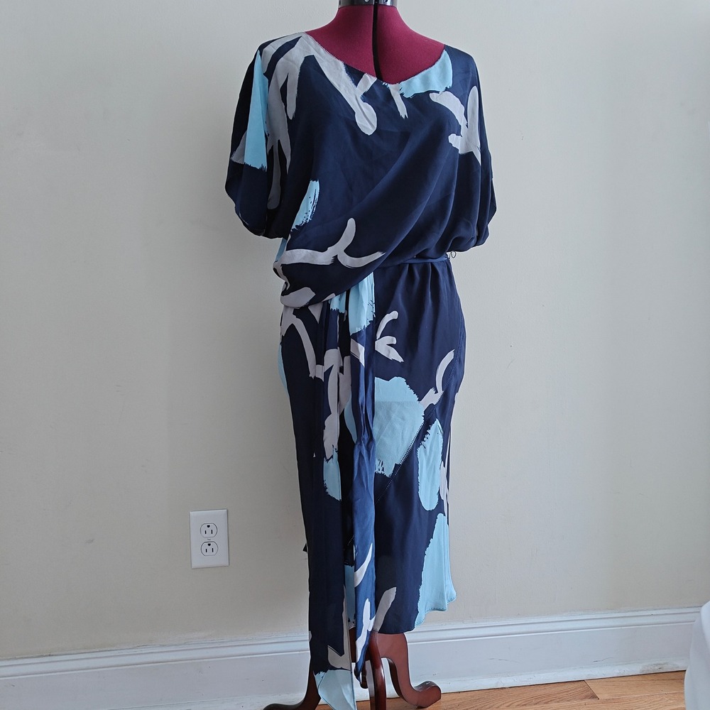 Falls 100% Silk Abstract Floral Midi Dress Navy Blue Asymmetrical Large